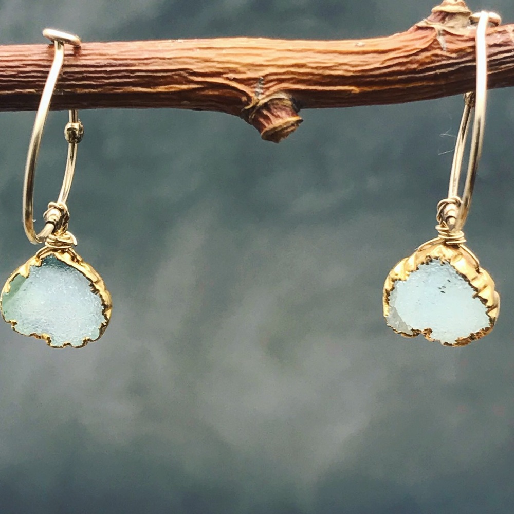 Blue gray Druzy with 14 k gold fill hoops - Picture 2 of 6